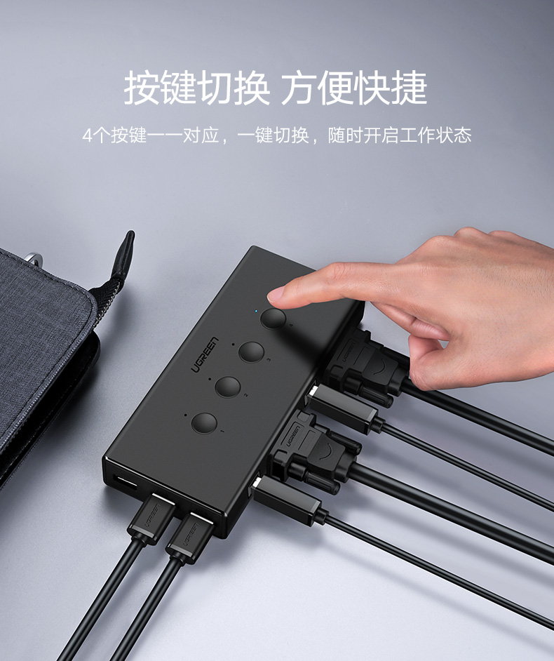 绿联VGA切换器，VGA KVM分配四进一出显示屏键鼠共享器