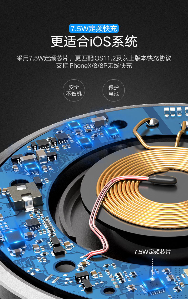 绿联7.5W无线充电器，苹果iphone8/X小米mix2s定频快充