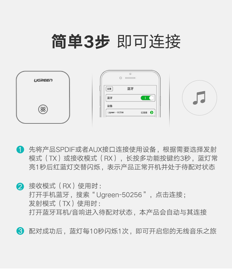 绿联蓝牙5.0音频接收器，蓝牙发射接收二合一光纤接口带aptX HD