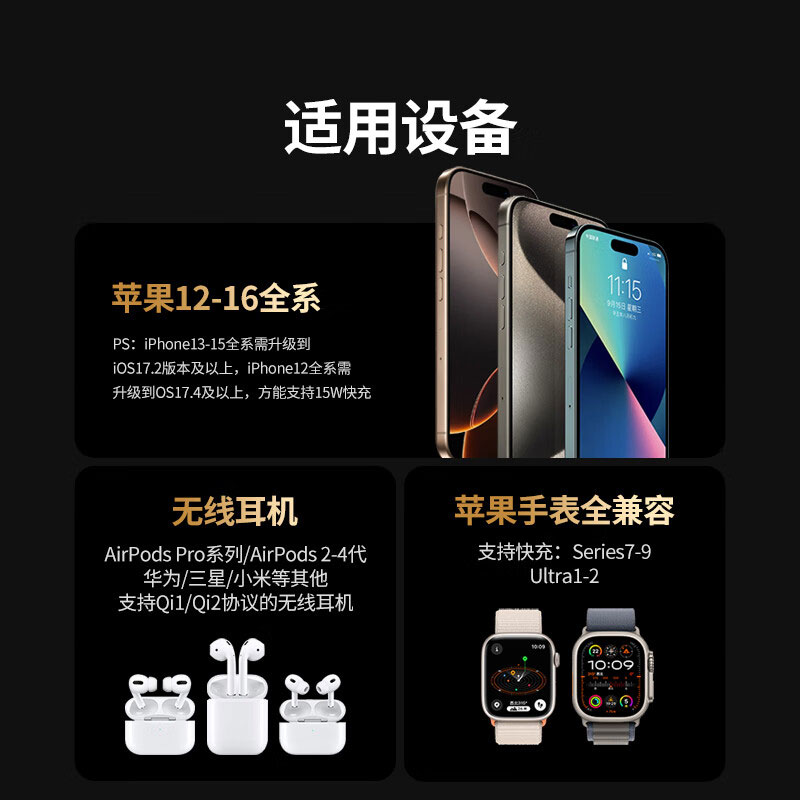 绿联Qi2认证三合一无线充电器