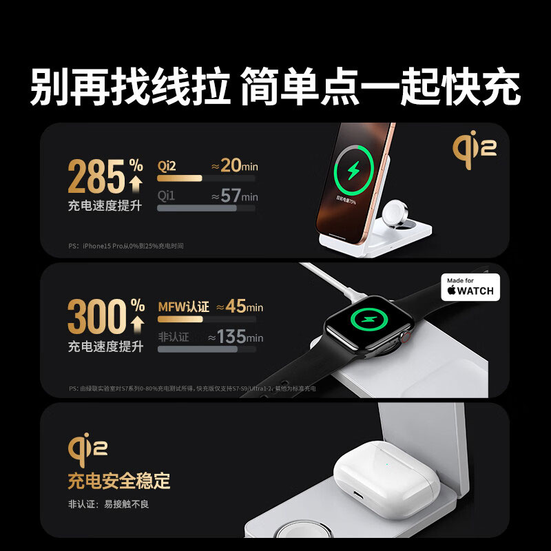 绿联Qi2认证三合一无线充电器