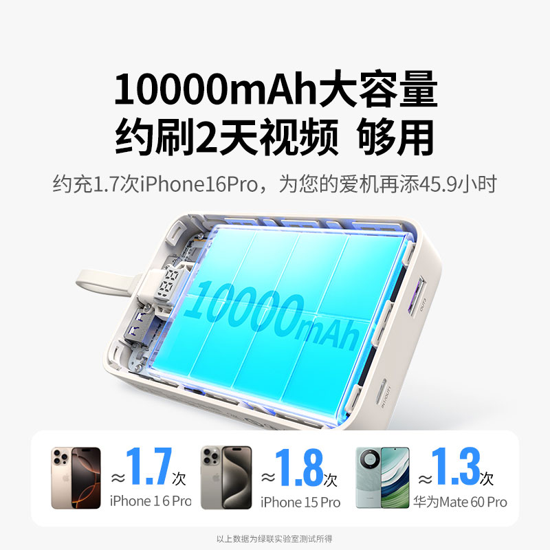 绿联自带线充电宝 10000mAh电池30W快充